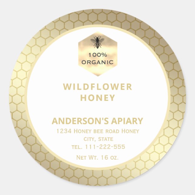 Modern gold  honeybee honey jar label (Front)
