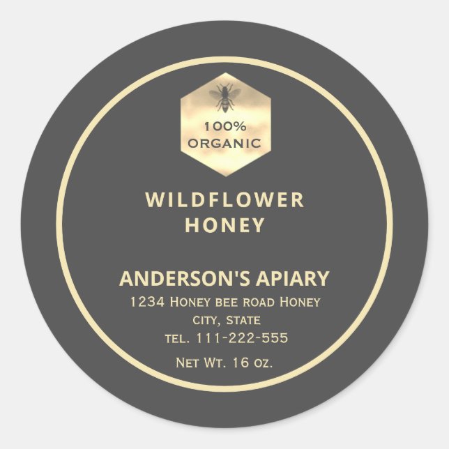 Modern gold  honeybee honey jar label (Front)