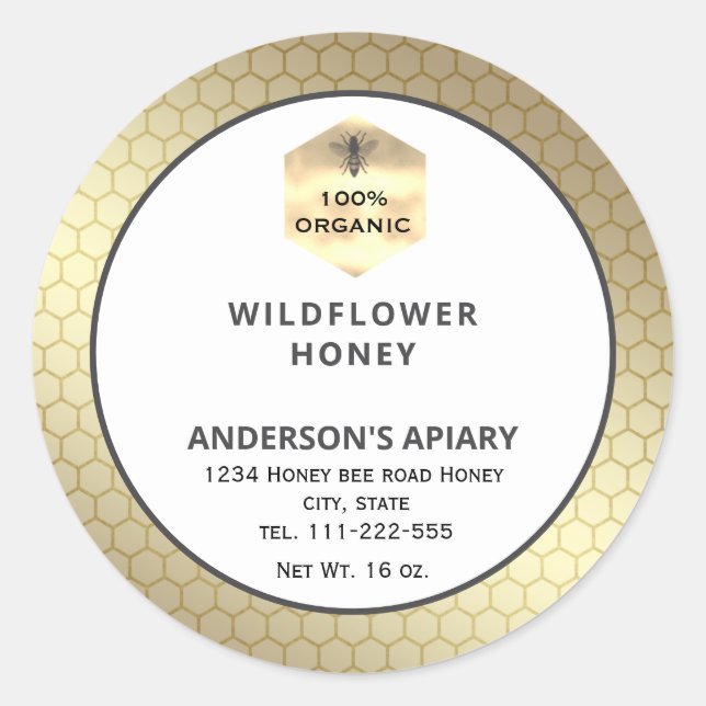 Modern gold  honeybee honey jar label (Front)