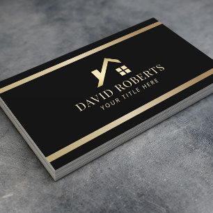 Modern Gold House Logo Real Estate Realtor Black Business Card