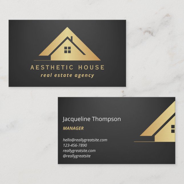 Modern Gold House Logo Real Estate Realtor black Business Card (Front/Back)