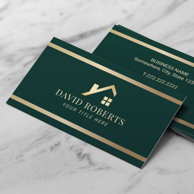 Modern Gold House Real Estate Realtor Dark Green Business Card (Creator Uploaded)