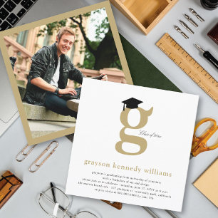 Modern Gold Initial G Graduation Cap Photo Party Invitation
