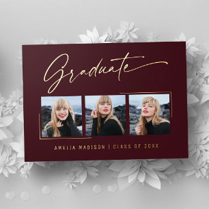 Modern Gold Ink Script Burgundy Grad Photo Card