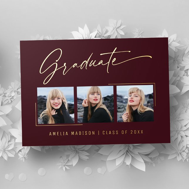 Modern Gold Ink Script Burgundy Grad Photo Card (Creator Uploaded)