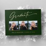 Modern Gold Ink Script Emerald Grad Photo Card<br><div class="desc">Three photo, stunning, modern and elegant graduation announcement gold foil cards (your choice of gold silver or rose foil), featuring design elements of modern text with calligraphy ink script. The graduate's photos are artfully accented with a delicate & minimalist partial boarder. The back of the card offers personalized text spaces...</div>