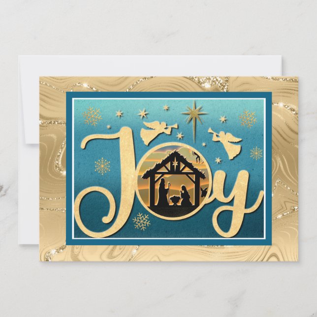 Modern Gold "JOY" Nativity Silhouette Christmas Holiday Card (Front)
