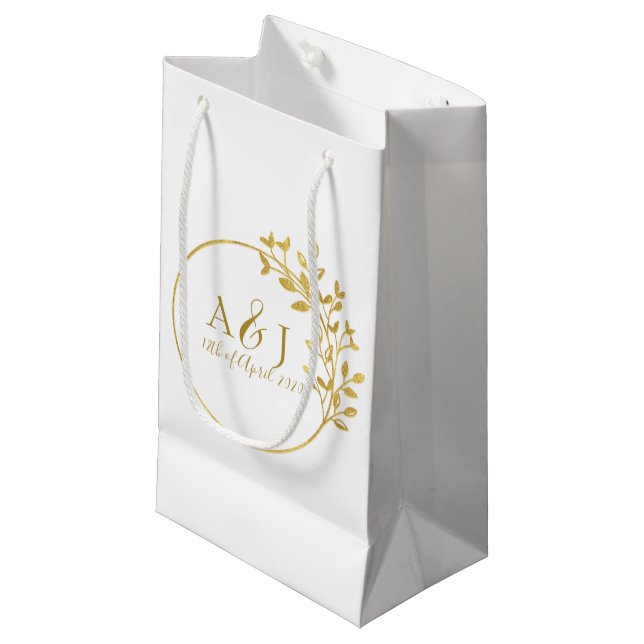 Modern Gold Laurel Wreath Monogram Wedding Logo Small Gift Bag (Front Angled)