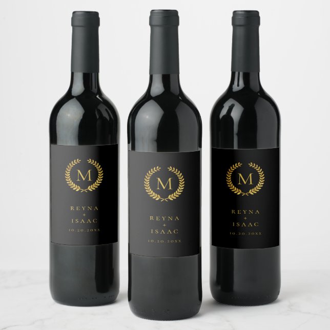 Modern Gold Laurel Wreath Monogram Wine Label (Bottles)