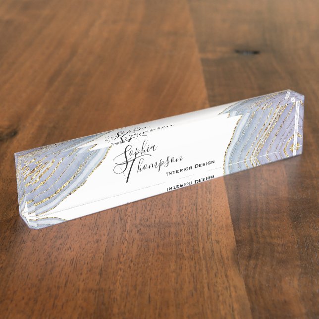 Modern Gold Lavender Geode Agate Desk Nameplate (Side)