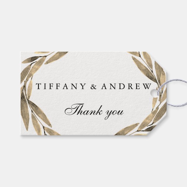 Modern Gold Leaf Wreath Wedding Gift Favour Tag (Front (Horizontal))