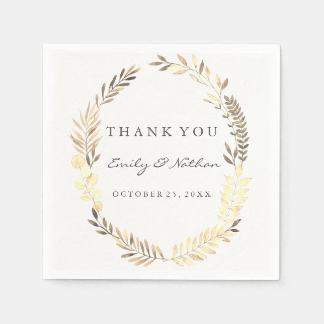 Modern Gold Leaf Wreath Wedding Napkin (Front)