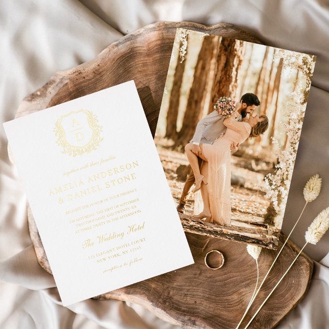 Modern Gold Leafy Crest Monogram Photo Wedding  (Creator Uploaded)