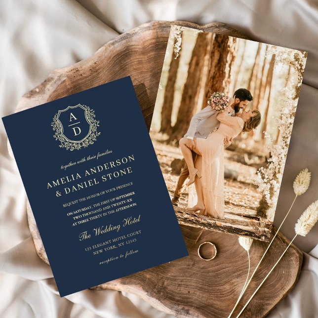 Modern Gold Leafy Crest Monogram Photo Wedding  (Creator Uploaded)