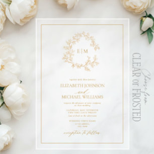Modern Gold Leafy Crest Monogram Wedding Acrylic Invitations