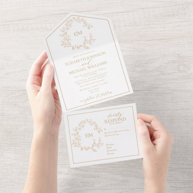 Modern Gold Leafy Crest Monogram Wedding All In One Invitation (Tearaway)