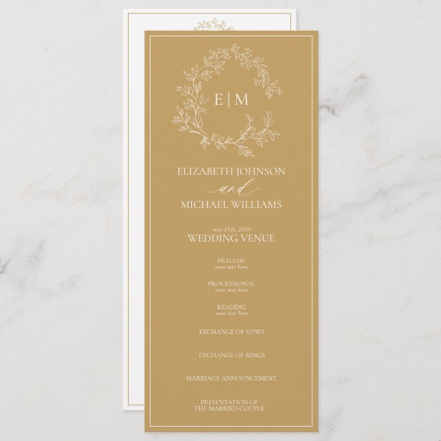 Modern Gold Leafy Crest Monogram Wedding Program Programme (Front/Back)