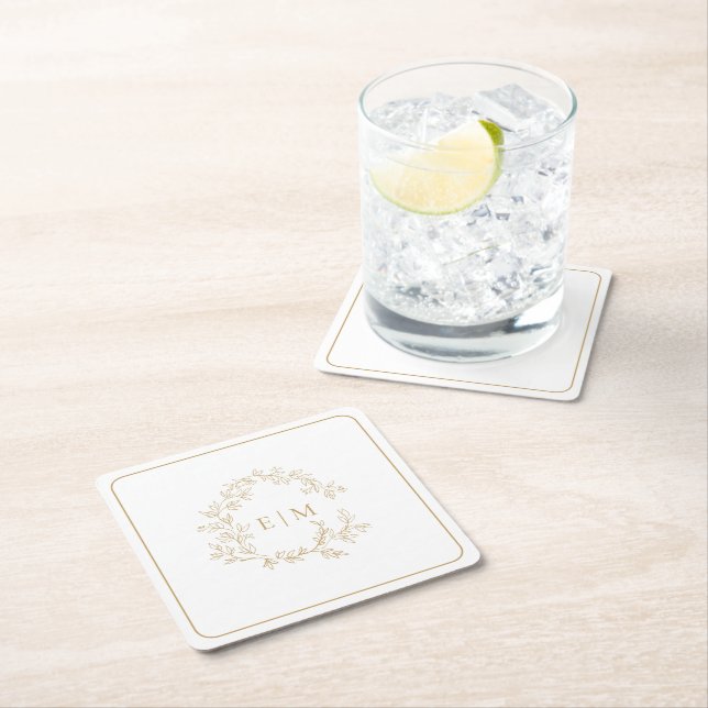 Modern Gold Leafy Crest Monogram Wedding Square Pa Paper Coaster (Insitu)