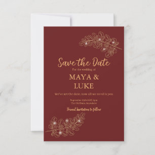 Modern Gold leaves Burgundy Save The Date