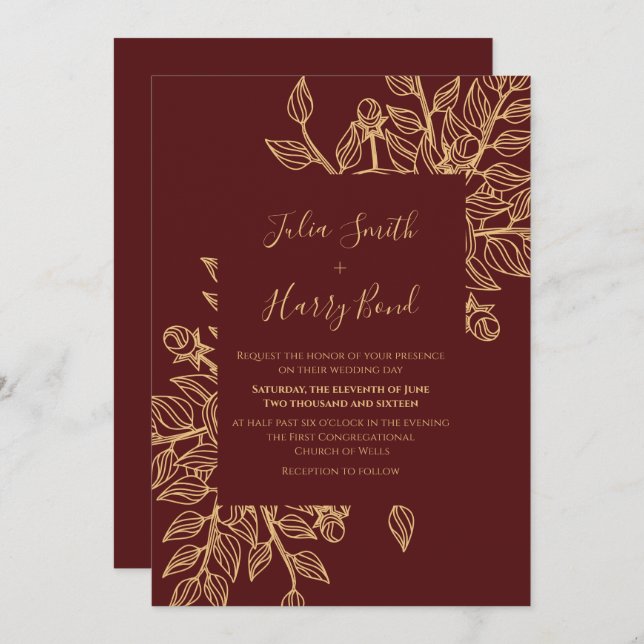 Modern Gold Leaves Burgundy Wedding Invitation (Front/Back)