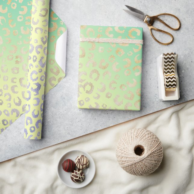 Modern Gold Leopard Print Yellow Mint Design Wrapping Paper (Crafts)