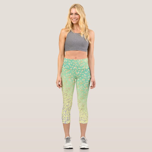 Modern Gold Leopard Print Yellow Mint Gradient Capri Leggings (Front)