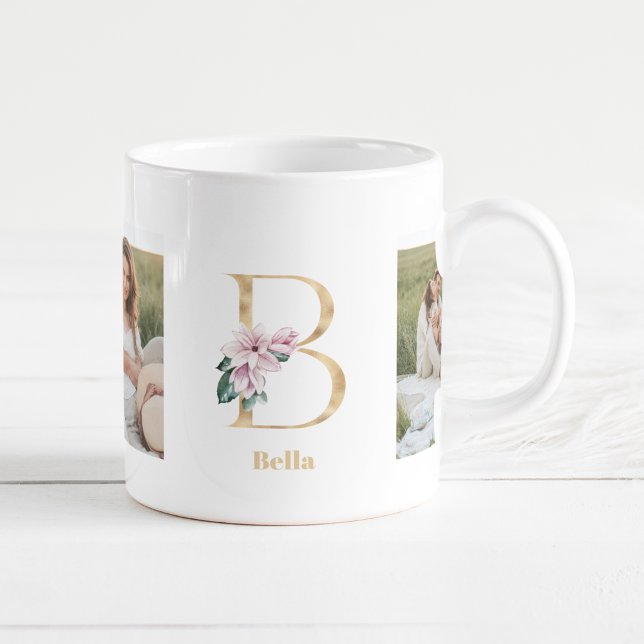 Modern Gold Letter B Flower | Two Photo Monogram  Coffee Mug (Creator Uploaded)