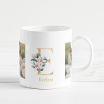 Modern Gold Letter E Flower | Two Photo Monogram  Coffee Mug<br><div class="desc">Modern Gold Letter E Flower | Two Photo Monogram</div>