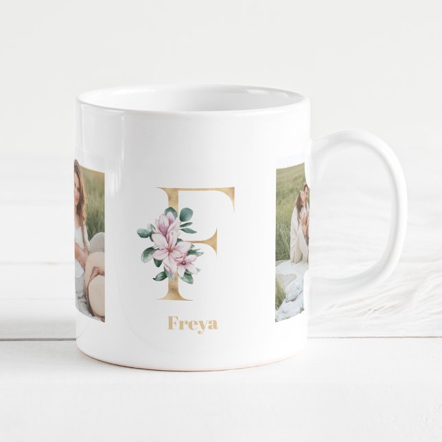 Modern Gold Letter F Flower | Two Photo Monogram   Coffee Mug (Creator Uploaded)