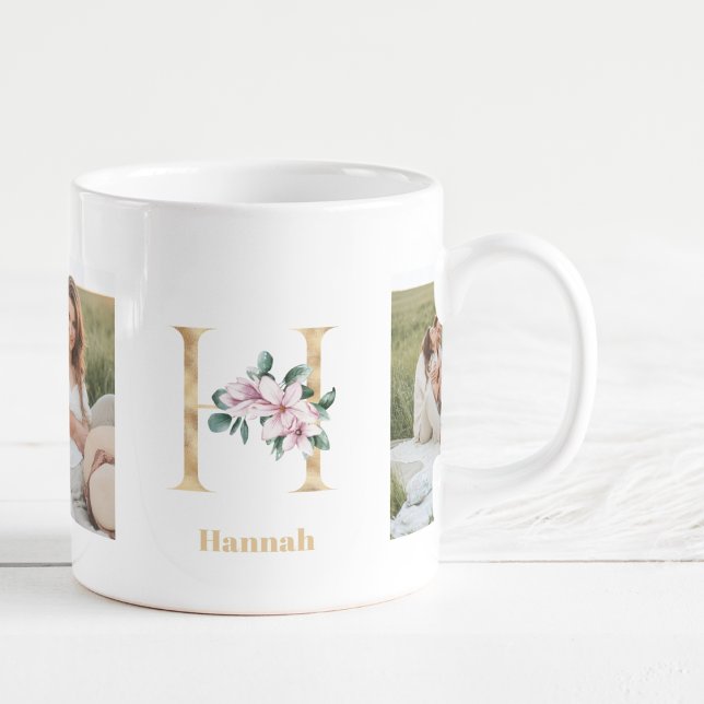 Modern Gold Letter H Flower | Two Photo Monogram   Coffee Mug (Creator Uploaded)
