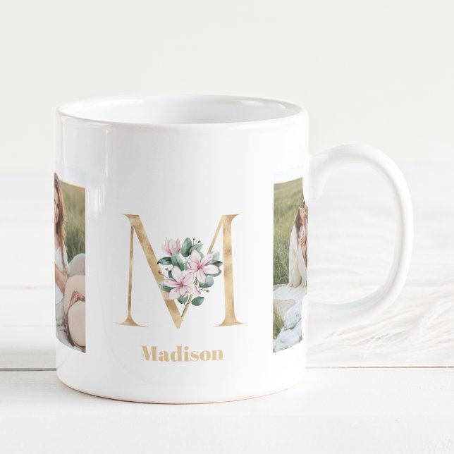 Modern Gold Letter M Flower | Two Photo Monogram Coffee Mug (Creator Uploaded)