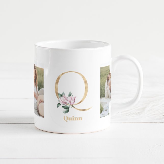 Modern Gold Letter Q Flower | Two Photo Monogram  Coffee Mug (Creator Uploaded)