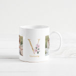 Modern Gold Letter V Flower | Two Photo Monogram Coffee Mug<br><div class="desc">Modern Gold Letter V Flower | Two Photo Monogram</div>
