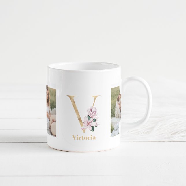 Modern Gold Letter V Flower | Two Photo Monogram Coffee Mug (Creator Uploaded)