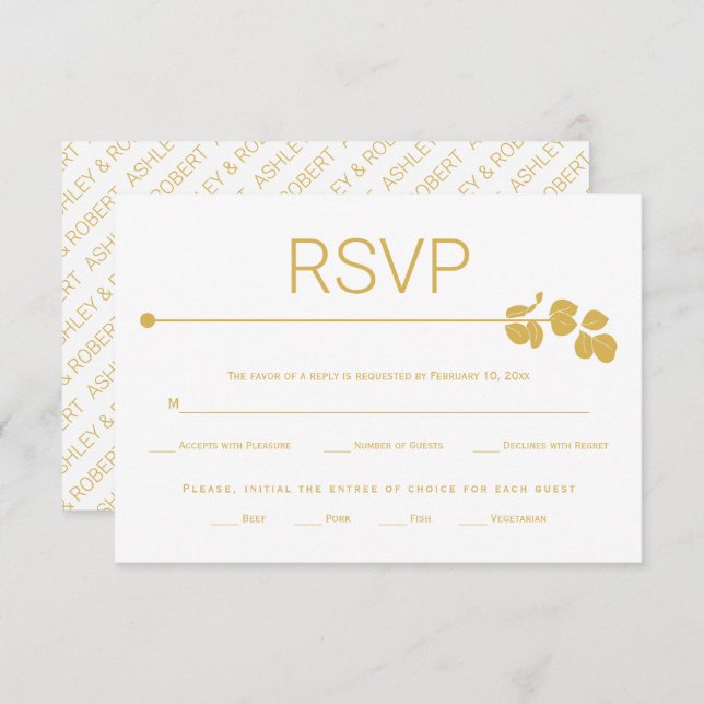 Modern gold line and branch with leaves wedding RSVP card (Front/Back)