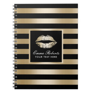 Modern Gold Lips Luxury Black & Gold Stripes Notebook