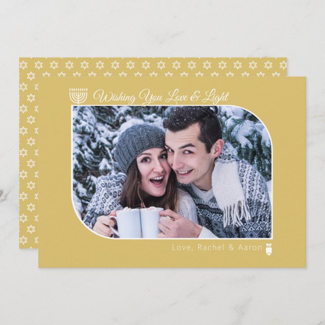 Modern Gold Love & Light Hanukkah Photo  Holiday Card (Front/Back)