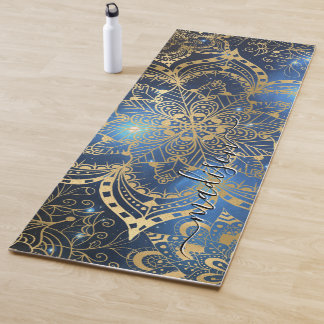 Modern Gold Mandala Blue Nebula Custom Name Yoga Mat