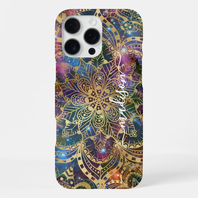 Modern Gold Mandala Blue Purple Nebula Custom Name iPhone Case (Back)