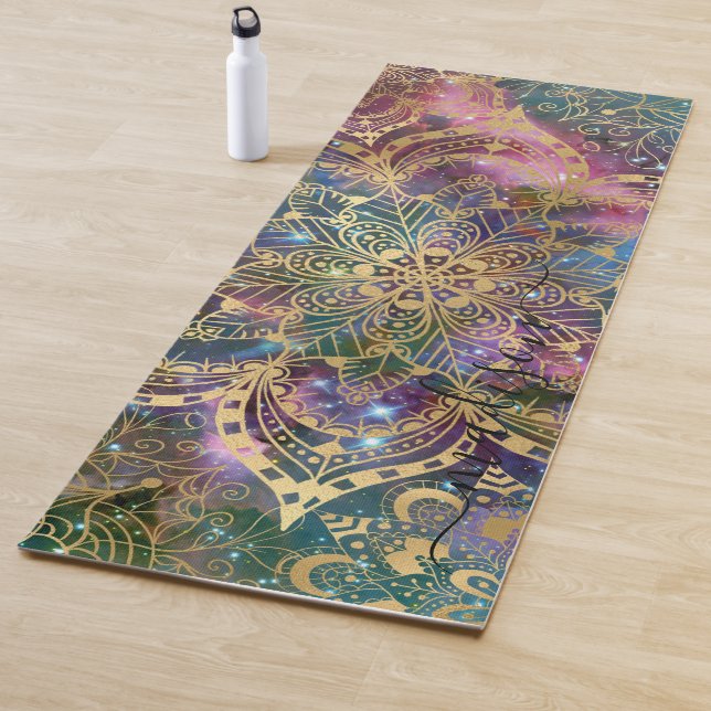 Modern Gold Mandala Blue Purple Nebula Custom Name Yoga Mat (In Situ)