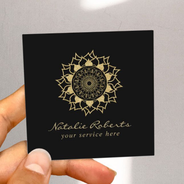 Modern Gold Mandala Flower Logo Elegant Black Square Business Card (Creator Uploaded)