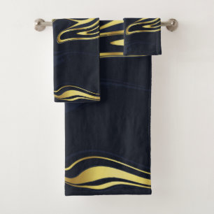 Modern Gold Marble Dark Blue Elegant Stripes Bath Towel Set
