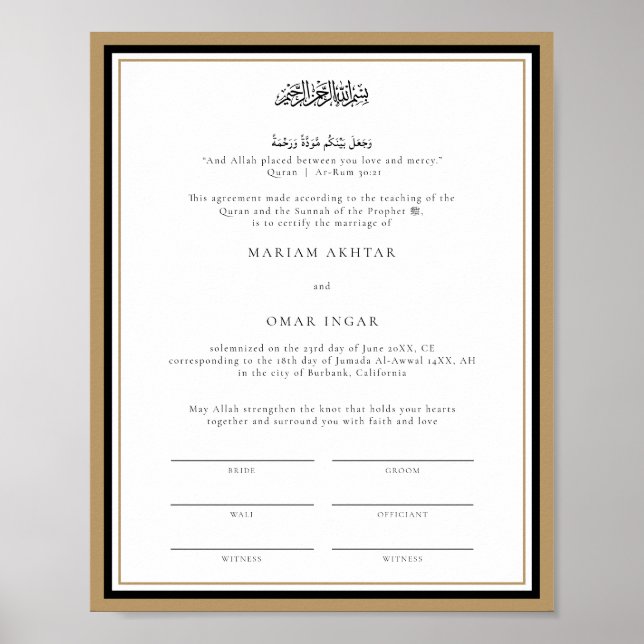 Modern Gold Marriage Certificate Wedding Keepsake Poster (Front)