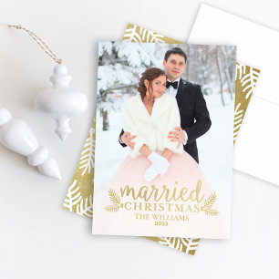 Modern Gold Married Christmas Wedding Photo Holiday Card