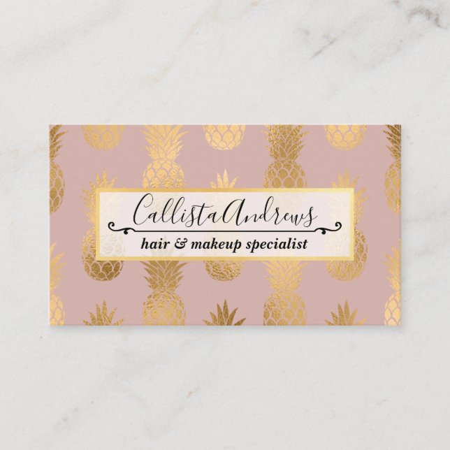Modern Gold Mauve Pink Pineapple Pattern Business Card (Front)