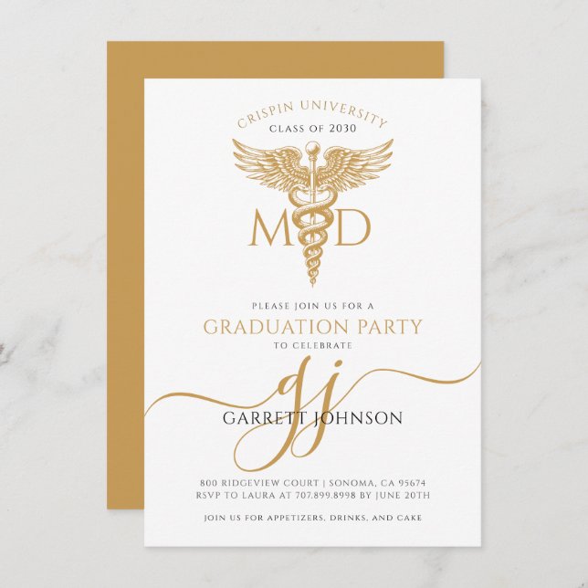 Modern Gold MD Doctor Graduation Party  Invitation (Front/Back)
