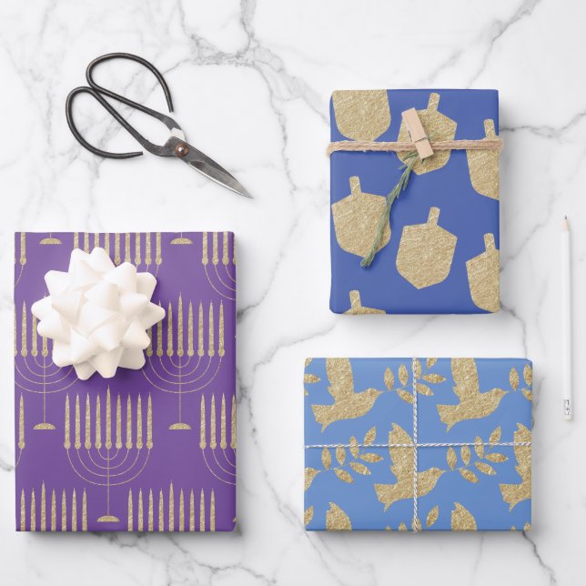 Modern Gold Menorah Dreidel Olive Branch Dove Wrapping Paper Sheet (Front)
