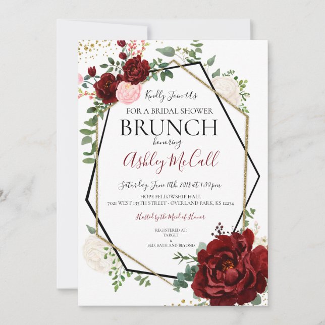 Modern Gold Merlot Geometric Bridal Shower Invite (Front)