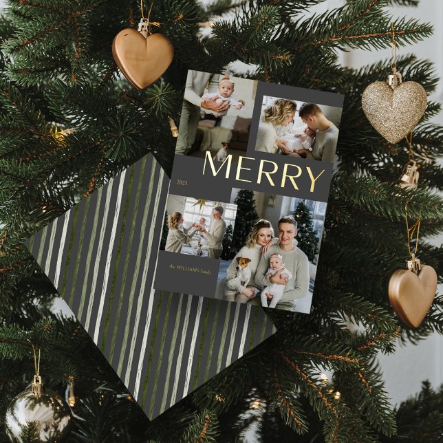 Modern Gold Merry 4 Photo Collage Grey Christmas  (Shine Bright! 'MERRY' Gold Foil Holiday Card 🌟🎄 [Add Your Photo])