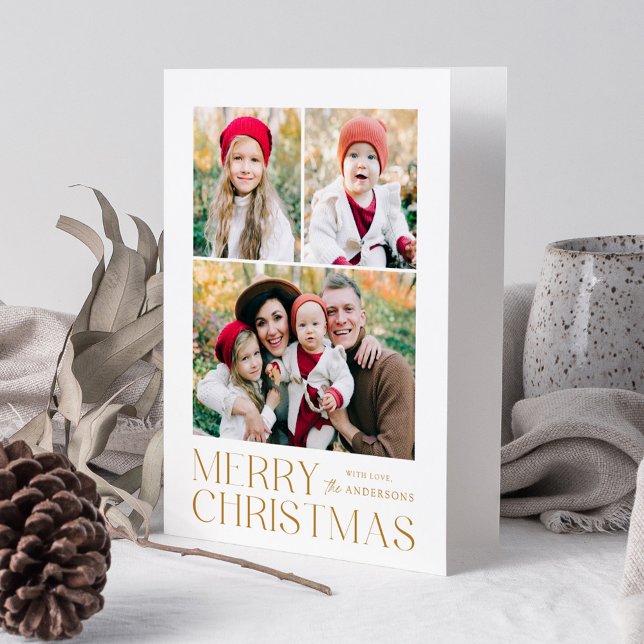 Modern Gold Merry Christmas 7 Photo Collage Holiday Card (Creator Uploaded)